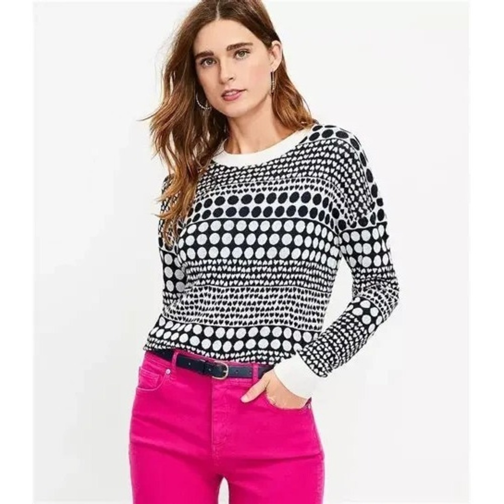 LOFT Heart Dot Crewneck Sweater‎ - Navy & White - Size X Large